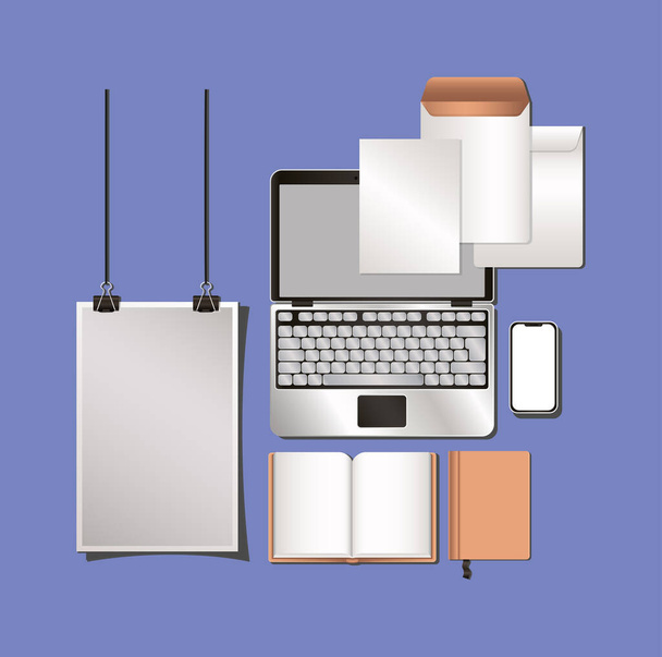 laptop and mockup set on blue background vector design - Vector, Image