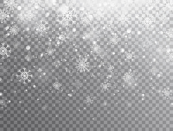 Realistic falling snowflakes isolated on transparent background. Winter background with snow. White snowflakes flying in the air. Magic snowfall texture. Christmas design. Vector illustration. - Wektor, obraz