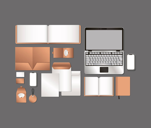 laptop and mockup set on gray background vector design - Vector, Image