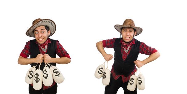 Young cowboy with money bags isolated on white - Photo, Image