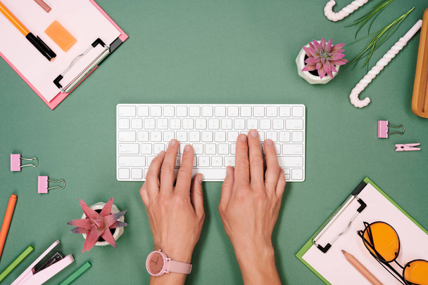 Woman workplace with keyboard flat lay mockup - Foto, immagini
