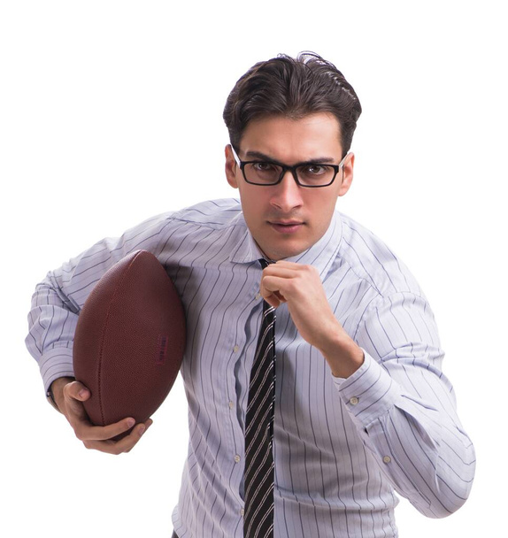 Молодой бизнесмен с американским футболом изолирован на белом - Фото, изображение
