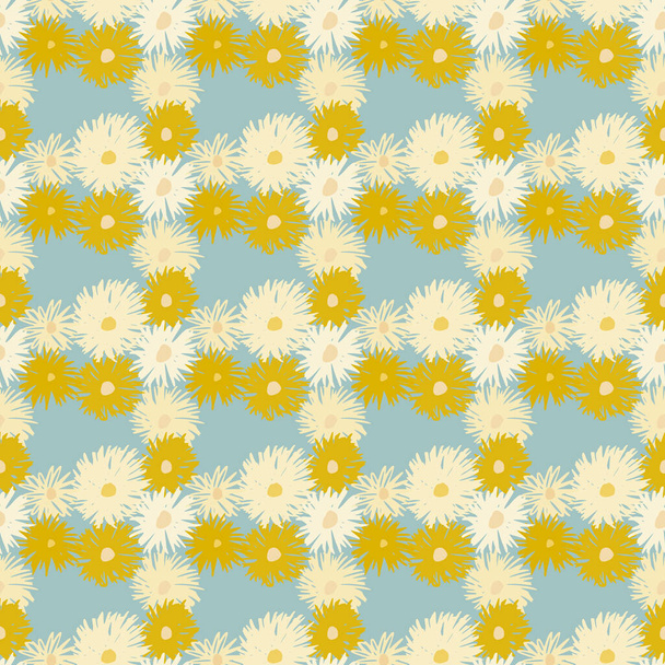 Chrysanthemum fiore sagome astratte modello senza soluzione di continuità. Forme botaniche bianche e gialle su sfondo azzurro. Ottimo per avvolgere carta, tessile, stampa su tessuto e carta da parati. Illustrazione vettoriale - Vettoriali, immagini