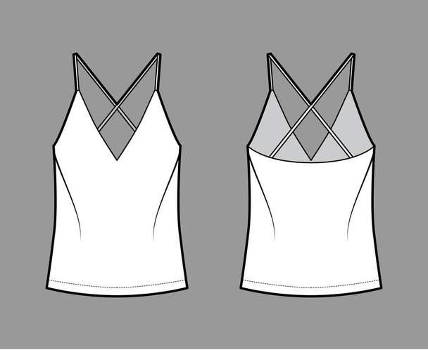 Camisole technical fashion illustration with flattering V-neck, straps, relaxed fit, tunic length. Flat outwear tank - Vector, Image