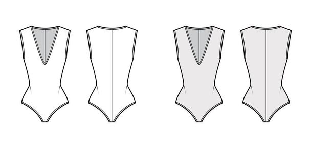 Стретч-футболка боді-костюм технічна ілюстрація моди з зануренням V-подібним вирізом, скульптурна посадка, застібка-блискавка
. - Вектор, зображення