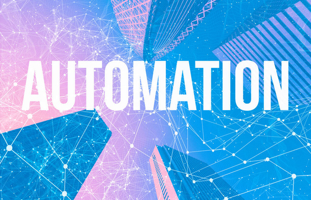 Automation theme with abstract patterns and skyscrapers - Фото, изображение