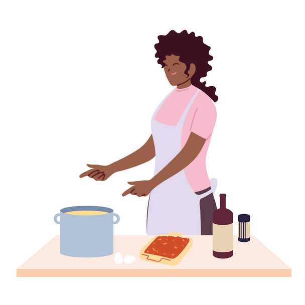 白い背景の上にスープを作る女性 - ベクター画像