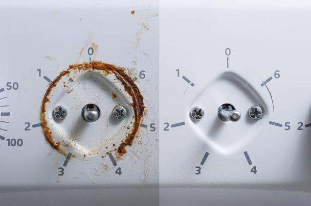 電気ストーブの加熱モードのためのスイッチ前と特別な洗剤で詳細な洗浄後 - 写真・画像