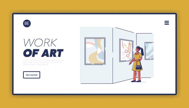 Work of art landing page for art gallery or museum website. Webpage template with exhibition visitor - Vector, Image
