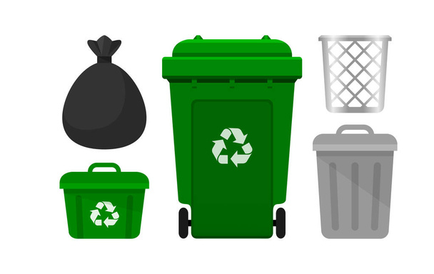 kosz na śmieci, zielony kosz na śmieci i plastikowe worki odizolowane na białym tle, kosze z symbolem recyklingu odpadów, zestaw pojemników z widokiem z przodu i plastik workowy na odpady odpadowe, śmieci 3R - Wektor, obraz