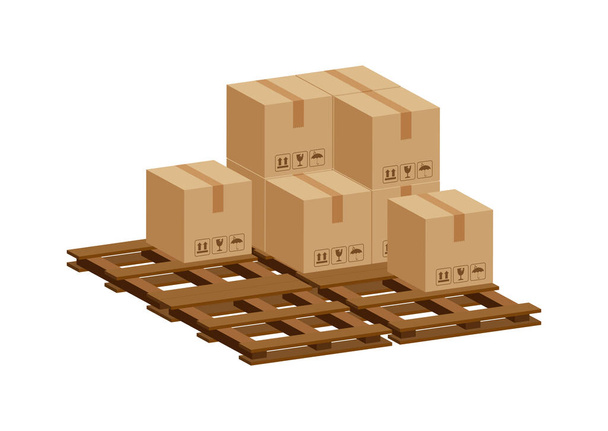 木製パレット上の3次元の杭箱、工場倉庫保管中の段ボール箱付きの木製パレット、倉庫工場の段ボール箱スタック、梱包貨物、白で隔離された茶色の箱 - ベクター画像