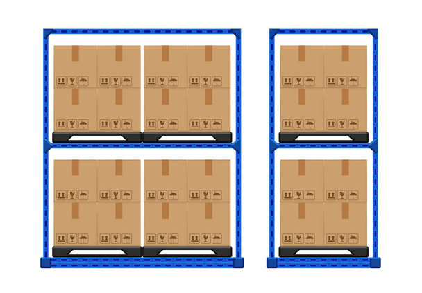 cassa scatole prodotto su pallet per disposizione, scaffale pallet con scatola di cartone in magazzino di fabbrica, scatole di cartone pacchi in magazzino carico di fabbrica, impilare scatole contenitore marrone isolato su bianco - Vettoriali, immagini