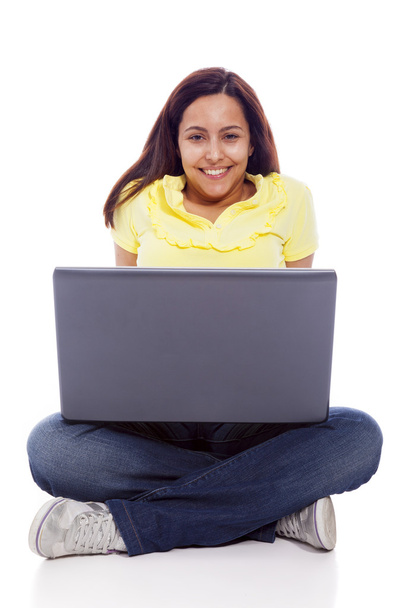 Woman with a laptop - Фото, изображение