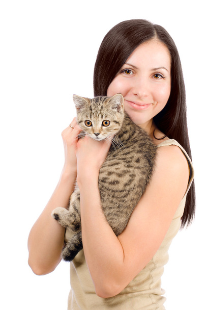 Beautiful smiling woman with a kitten in her arms Scottish Straight - Foto, Bild