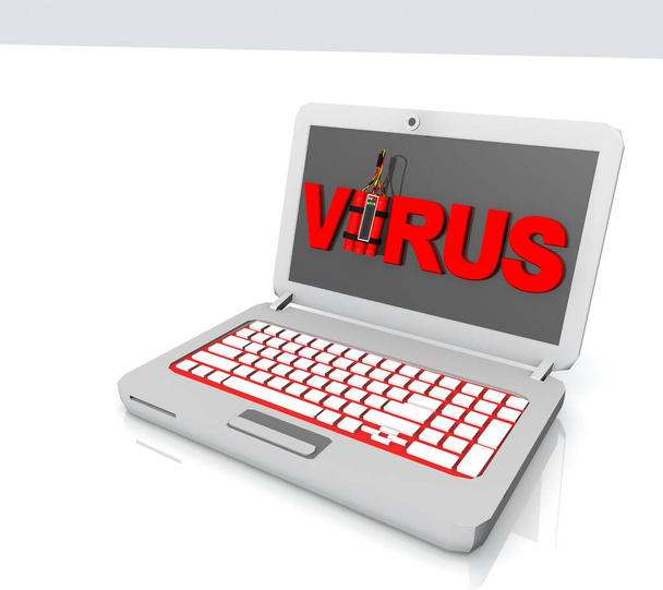 Színes 3D illusztráció notebook vírussal szöveges logó a képernyőn   - Fotó, kép