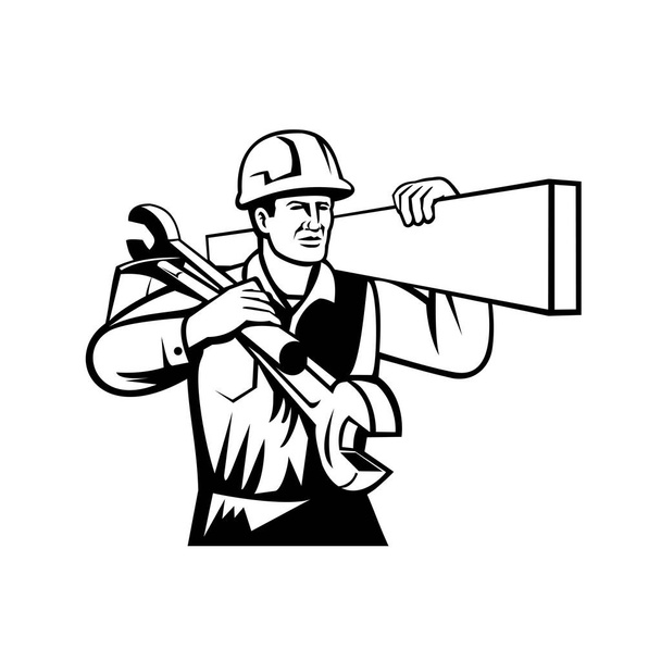 Černobílá ilustrace řemeslníka, stavitele nebo obchodníka s tvrdým kloboukem nesoucího klíč a rýč nahlíženo zepředu na izolovaném pozadí v retro stylu. - Vektor, obrázek