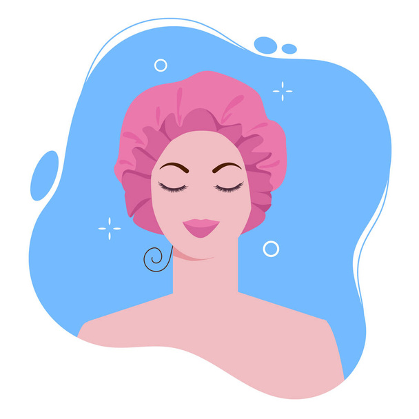 Young woman in shower cap in bath for protect wet hair. Vector cartoon flat illustration - Vector, afbeelding