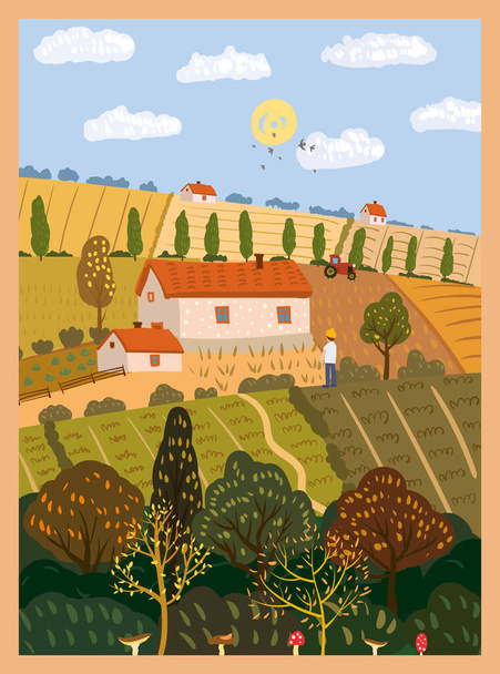 Campos de otoño campo paisaje granja. Otoño rural vista rústica, cosecha, árboles, colinas follaje naranja amarillo. Ilustración vectorial cartel aislado cubierta de la tarjeta - Vector, Imagen