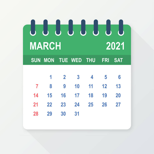 Март 2021 Календарный лист. Календарь 2021 в плоском стиле. Векторная иллюстрация. - Вектор,изображение