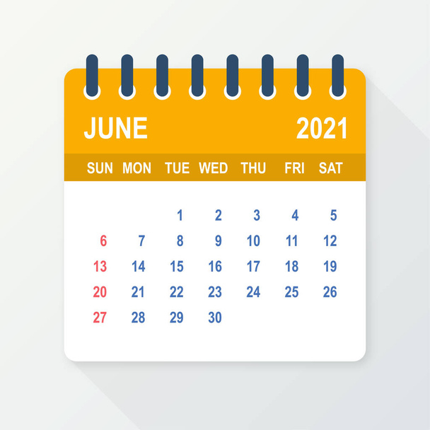 Июнь 2021 Календарный лист. Календарь 2021 в плоском стиле. Векторная иллюстрация. - Вектор,изображение