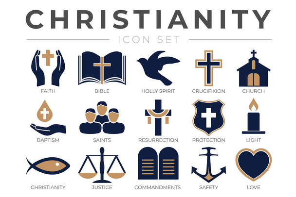 Kristinuskon kuvake asetettu uskon, Raamatun, ristiinnaulitsemisen, kasteen, kirkon, ylösnousemuksen, Pyhän Hengen, pyhien, käskyjen, valon, suojelun, oikeuden, turvallisuuden ja rakkauden kristilliset kuvakkeet - Vektori, kuva