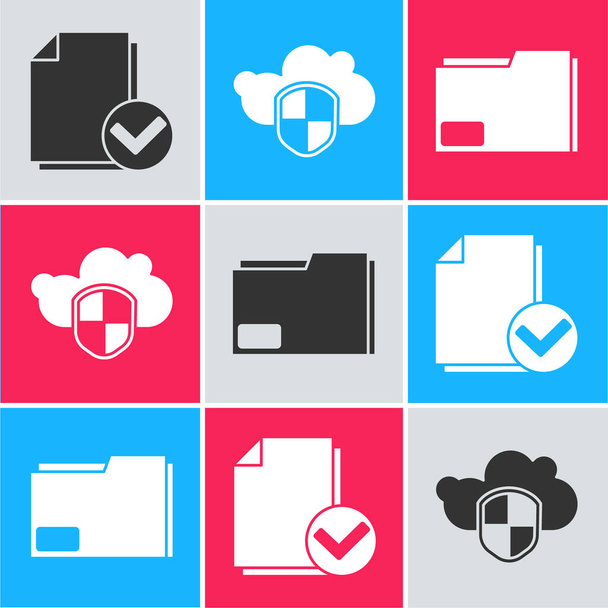 Set Document and check mark, Cloud and shield and Document folder icon. Vector. - Wektor, obraz