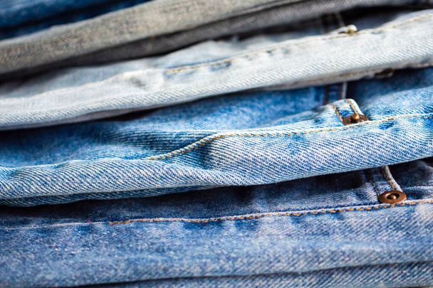 denim blue jeans stack texture background closeup - Photo, Image