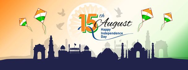 Banner ή Header σχεδιάστηκε της 15ης Αυγούστου Happy Independence Day της Ινδίας, με κομψό κείμενο, ιπτάμενους χαρταετούς και διάσημα μνημεία της Ινδίας. Εικονογράφηση διανύσματος - Διάνυσμα, εικόνα