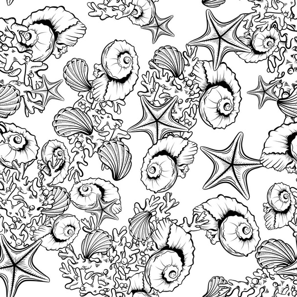 海貝、サンゴ、ヒトデのパターンの背景. - ベクター画像