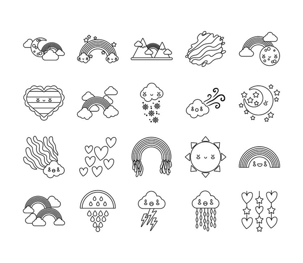 paquet de vingt icônes arc-en-ciel et caractères kawaii - Vecteur, image