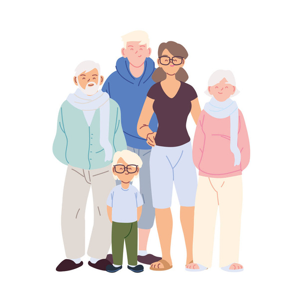 Madre padre e hijo con los abuelos dibujos animados vector de diseño - Vector, imagen
