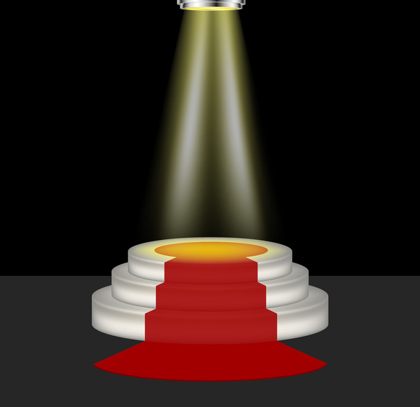 Light shines on the empty podium with red carpet - Вектор,изображение