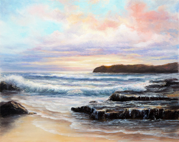 Original  oil painting of beautiful purple sunset over ocean beach on canvas.Modern Impressionism, modernism,marinis - Photo, Image