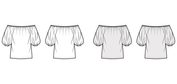 Εξωλέμβια μπλούζα τεχνική απεικόνιση μόδας με φουσκωτά μανίκια αγκώνα, ελαστικοποιημένο ντεκολτέ, μεγάλου μεγέθους - Διάνυσμα, εικόνα