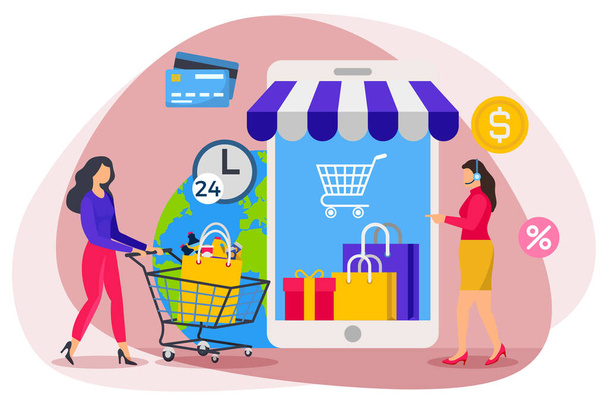Online shopping with customer support illustration. - Vector, afbeelding