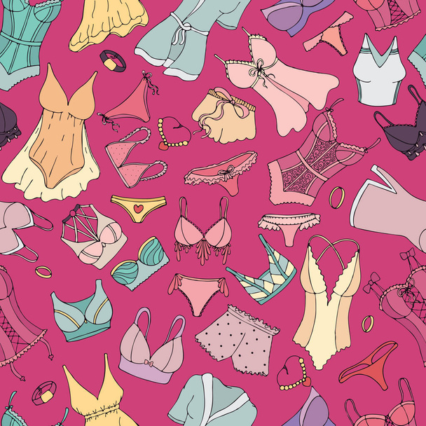 biancheria intima sexy per le donne in stile doodle, modello vettoriale senza cuciture su uno sfondo rosa brillante - Vettoriali, immagini