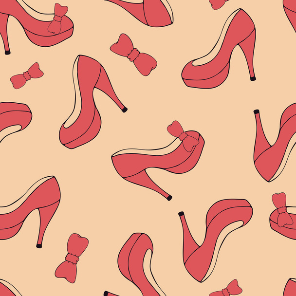 doodle stile vettore modello senza soluzione di continuità, rosso tacco alto scarpe da donna - Vettoriali, immagini