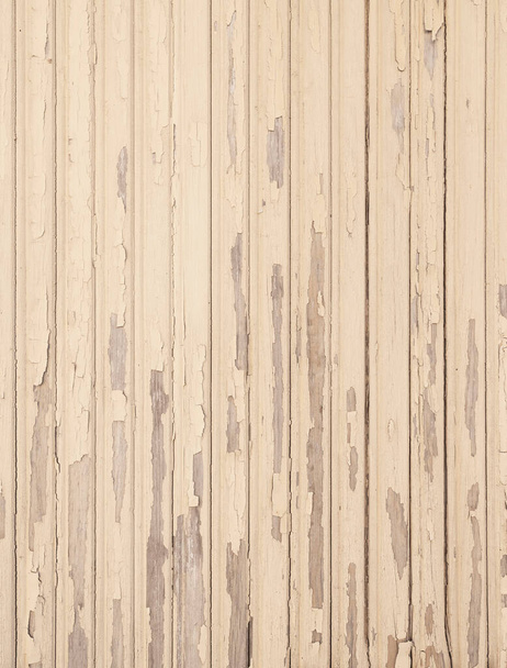 old beige grungy paint blisters on vertical wooden planks - Φωτογραφία, εικόνα