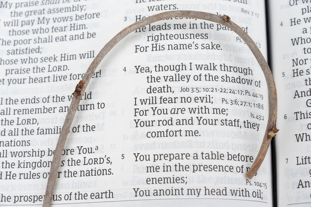 Αγία Γραφή άνοιξε στον Ψαλμό 23 με ένα μικρό ραβδί στην κορυφή. Τονίστηκε στους στίχους 3, 4 και 5. Κοντινό πλάνο. Οριζόντια βολή. - Φωτογραφία, εικόνα