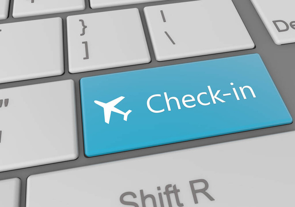 A digital illustration of a gray keyboard with a blue button and text "Check-in" on it - Foto, afbeelding