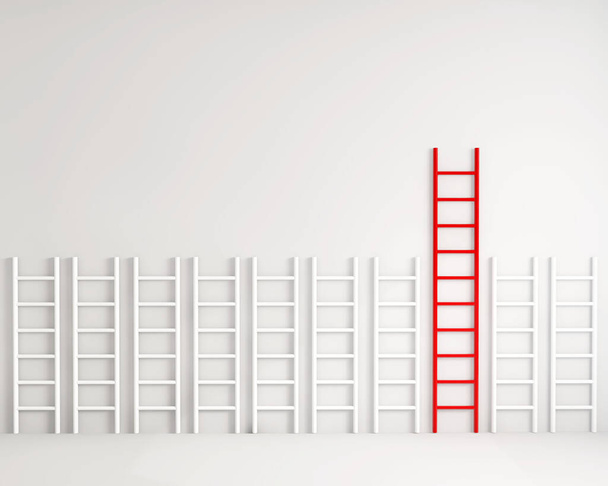 A 3D rendering illustration of a red ladder among white ladders against a white background - standing out of the crowd concept - Foto, imagen