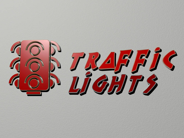 Trafik ışıkları simgesi ve duvardaki metin - şehir ve yol için 3B illüstrasyon - Fotoğraf, Görsel