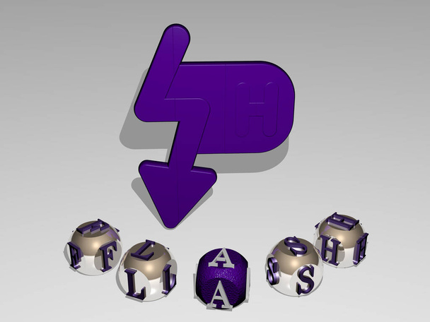 FLASH runder Text kubischer Buchstaben um das 3D-Symbol - 3D-Illustration für Hintergrund und Abstract - Foto, Bild