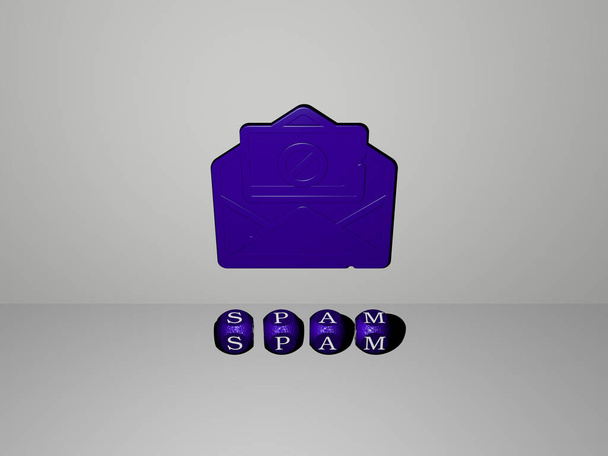 Иконка SPAM 3D на стене и текст кубических алфавитов на полу - 3D иллюстрация концепции и интернета - Фото, изображение