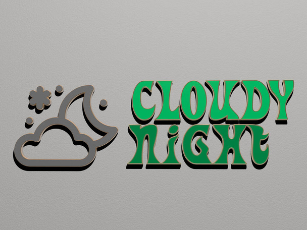 noche nublada icono y texto en la pared - Ilustración 3D para el cielo y el azul - Foto, Imagen