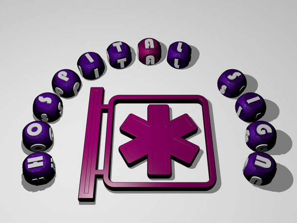 Иконка HOSPITAL SIGN, окруженная текстом отдельных букв - 3D иллюстрация для врача и ухода - Фото, изображение