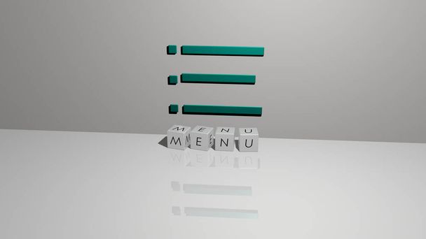 MENU testo di lettere cubiche a dadi sul pavimento e icona 3D sulla parete - Illustrazione 3D per sfondo e design - Foto, immagini