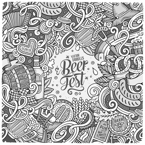 Cartone animato carino scarabocchi disegnati a mano Beer design telaio. Sketchy dettagliato, con un sacco di oggetti di sfondo. Divertente illustrazione vettoriale. - Vettoriali, immagini