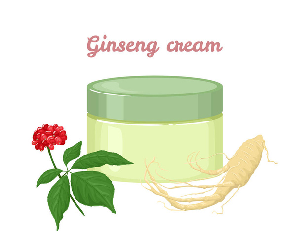 Ginseng cosmetische crème in ronde container. Vector illustratie in cartoon platte stijl. - Vector, afbeelding