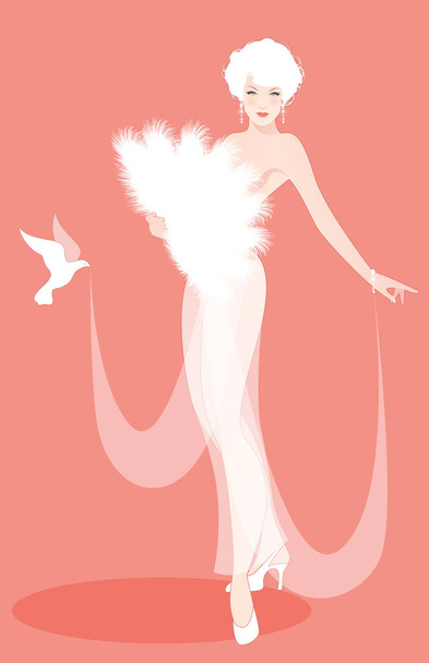 Bella e sexy signora vestita in stile Burlesque retrò, indossando un ventaglio di piume e trasparenze, accompagnata da una colomba - Vettoriali, immagini